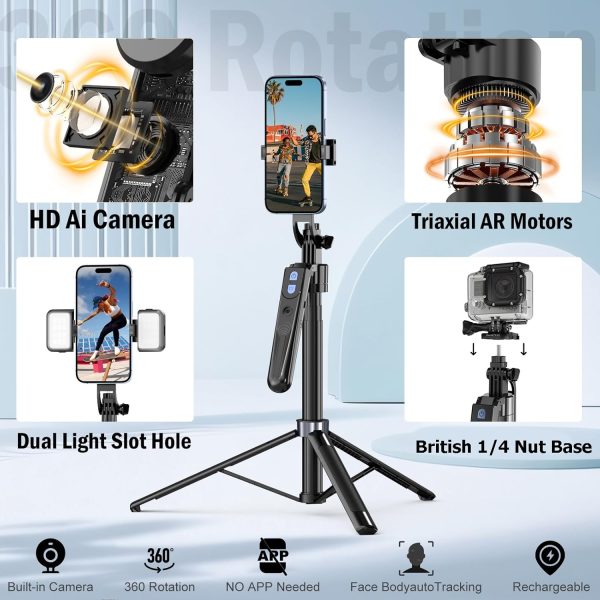 Auto Face Tracking Tripod 360 Rotation with Stand,Android and iPhone Tripod - Image 3