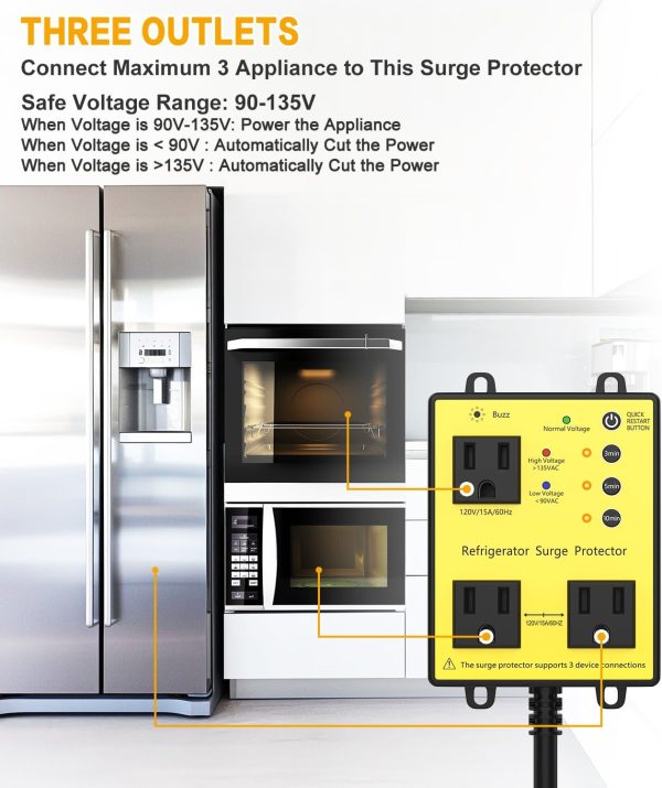 Refrigerator Surge Protector, 3Outlet 120V for Home Appliance, Time Delay, - Image 4