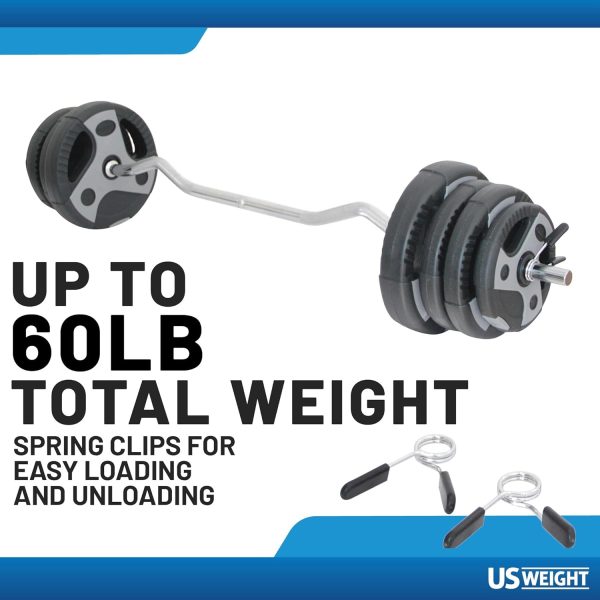 US Weight 60lb Curl Bar Weight Set with Spring Clips – Adjustable Workout - Image 2