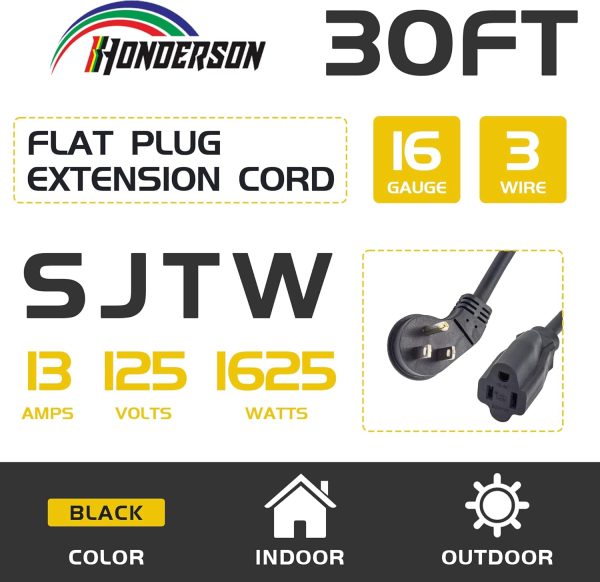 Flat Plug Indoor Extension Cord, UL Listed, 16 Gauge 30FT Black 3 Prong - Image 2