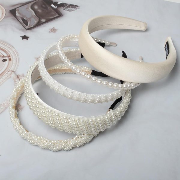 5PK White Pearl Headbands for Women Girls Cute Pearl dainty Headbands Bling - Image 8