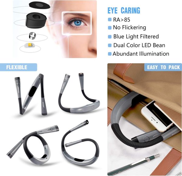 Glocusent Book Light, 3-Color & 6-Brightness Reading Light, Bendable Neck - Image 4