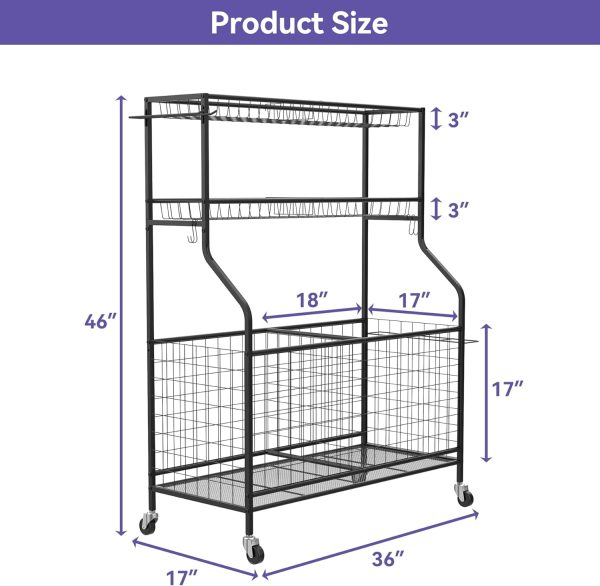 Garage Sports Equipment Organizer, Ball Storage Rack Indoor/Outdoor Rolling - Image 3