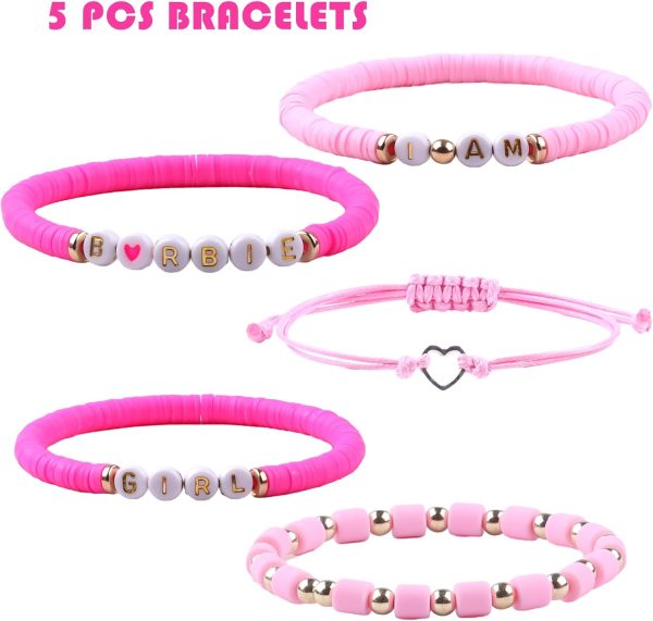 5Pcs Pink Girl Bracele, Stackable Rainbow Beaded Stretch Pink jewelry - Image 3
