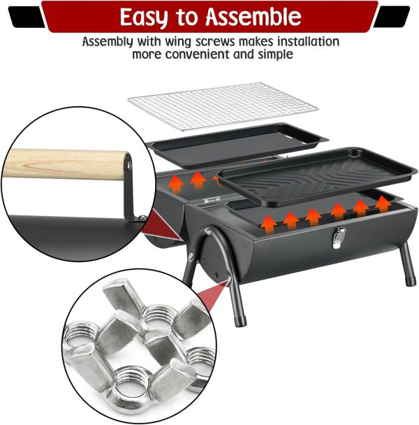 Portable Charcoal Grill, Small BBQ Grill with Smoker Double-Side Use - Image 4
