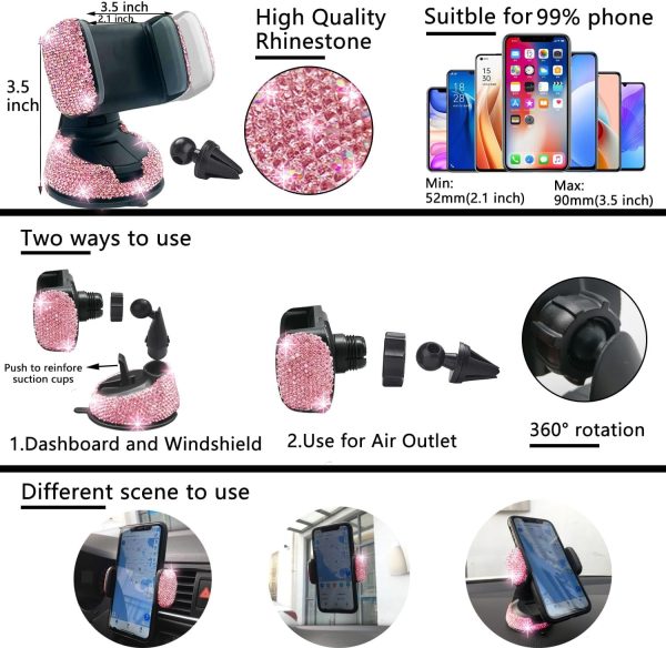 NBTEPEM 27 PCs Pink Bling Car Accessories Set for Women, Bling Steering - Image 5