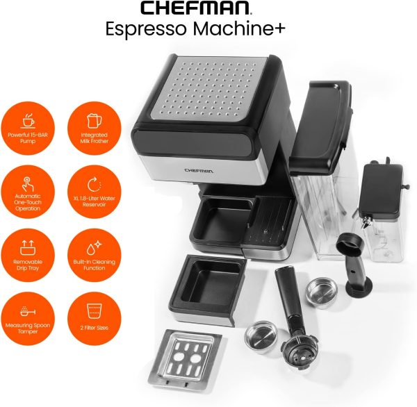 Chefman 6-in-1 Espresso Machine with Built-In Milk Frother, 15-BAR Pump, - Image 2