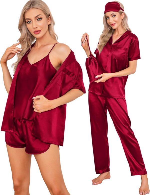 SWOMOG Womens Silk Satin Pajamas Sets 7pcs Sleepwear Sexy Cami Shorts Set - Image 5