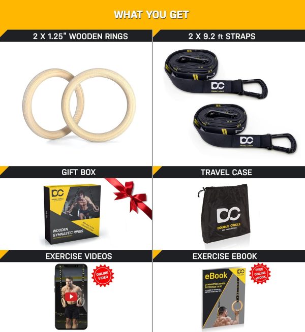 Double Circle Wood Gymnastics Rings with Quick Adjust Numbered Straps and - Image 6