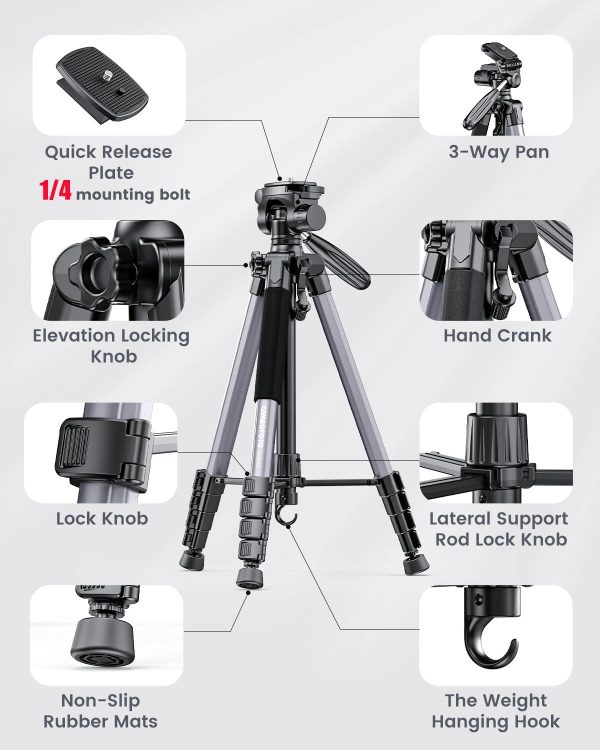 74"-Camera-Tripod, Gray Porfessional Aluminum Tripod Stand for Mirrorless - Image 6