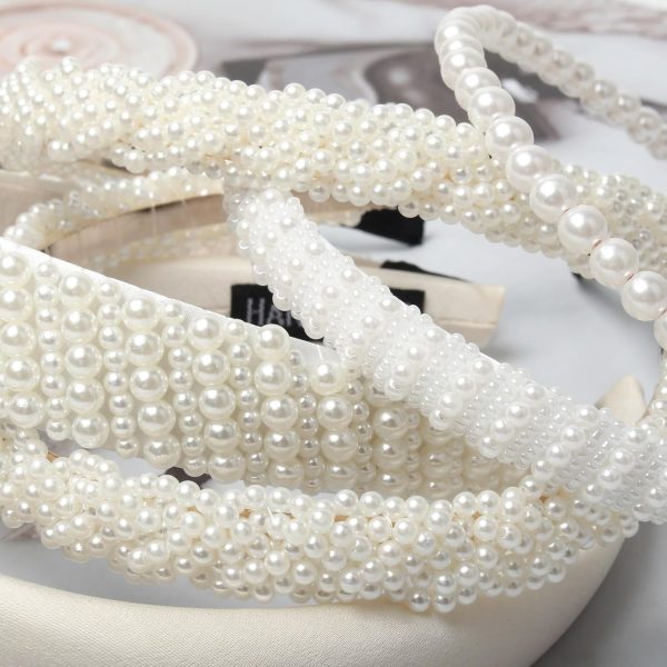 5PK White Pearl Headbands for Women Girls Cute Pearl dainty Headbands Bling - Image 3
