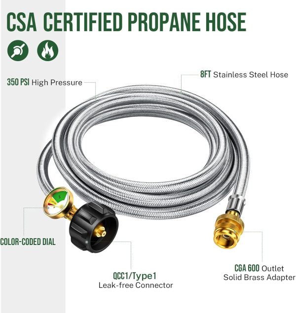 8FT Propane Hose Adapter 1lb to 20lb with Gauge, Propane Tank Adapter Hose - Image 3