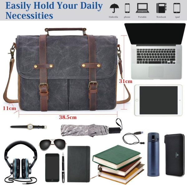 Mens Messenger Bag 15.6 Inch Waterproof Vintage Genuine Leather Waxed - Image 3