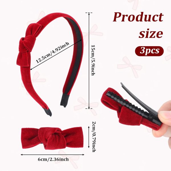 3 Pcs Red Velvet Bow Headband Small Bowknot Hair Pins Set Aesthetic Hair - Image 2