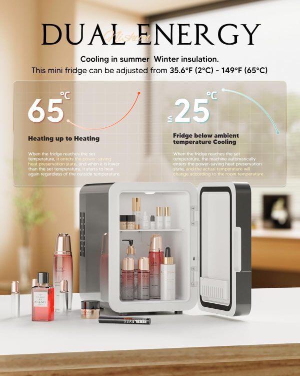 Upgrade Skincare Fridge with Dimmable LED Light Mirror, 4L/6Can Cooler - Image 4
