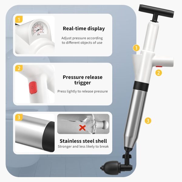 Toilet Plunger, Drain Clog Remover, High-Pressure Air Drain Blaster with - Image 3