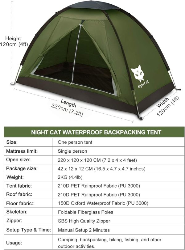 Night Cat Backpacking Tent for One 1 to 2 Persons Lightweight Waterproof - Image 2