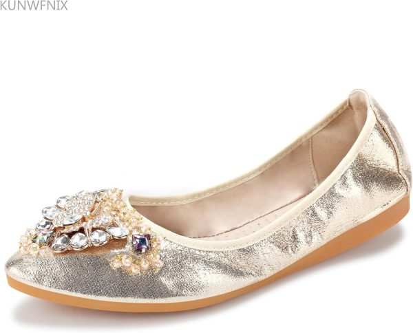 KUNWFNIX Women Ballet Flats Rhinestone Wedding Ballerina Shoes Foldable - Image 2