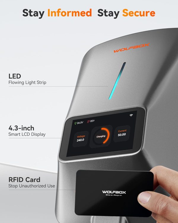 WOLFBOX Level 2 EV Charger 50 Amp - Smart Display, RFID Card, 25ft Cable, - Image 2