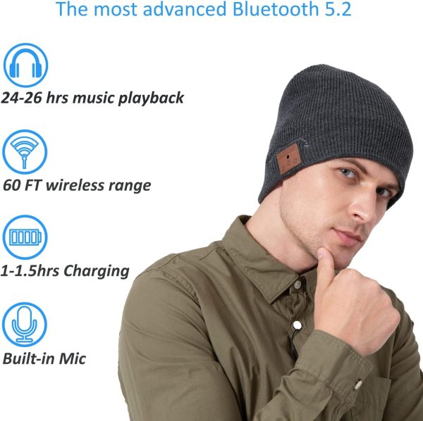 beanie MUSICBEE Bluetooth V5.2 Wireless Knit Winter Cap, 24 Hour Play time, - Image 2