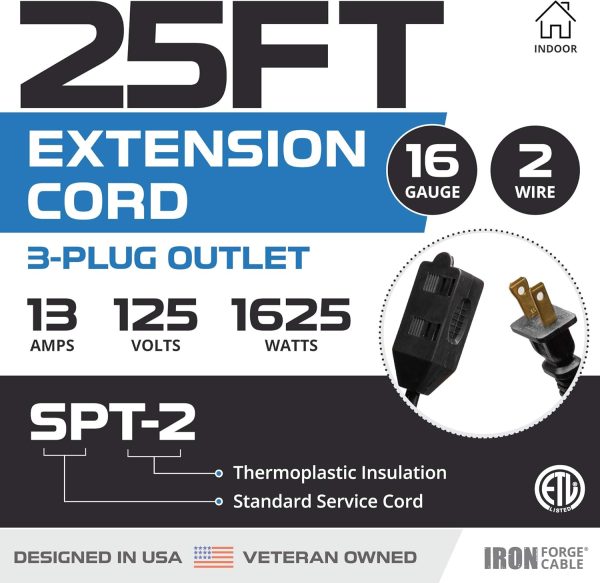 Iron Forge Cable 25 Ft Black Extension Cord 2 Prong with 3 Outlets, 2 Pack, - Image 2