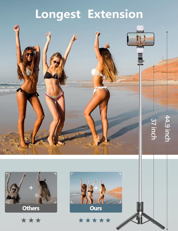 Selfie Stick Tripod with Light, 45'' Selfie Stick with Wireless Remote, - Image 2
