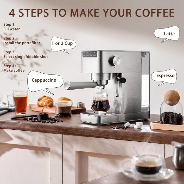 Espresso Machine with Milk Frother, Stainless Steel Espresso Maker, - Image 5