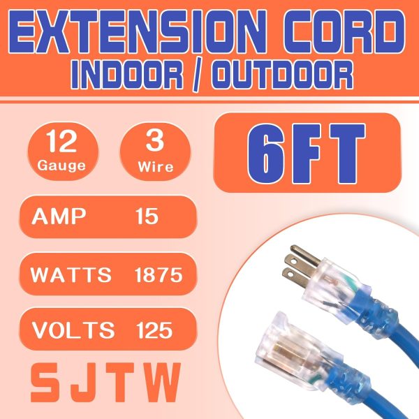 6 Ft Lighted Outdoor Extension Cord - 12/3 SJTW Heavy Duty Extension Cable - Image 2