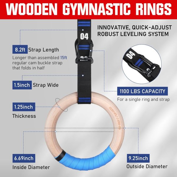 RENRANRING Gymnastic Rings Wooden Gym Rings 1.25'' Exercise Rings with - Image 2