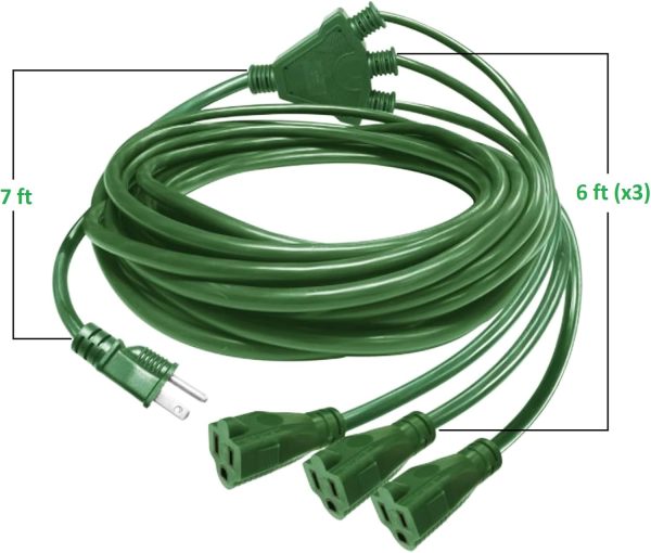 Teklectric (25ft) Outdoor Extension Cord 1 to 3 Splitter, 3 Prong Outlets - Image 3