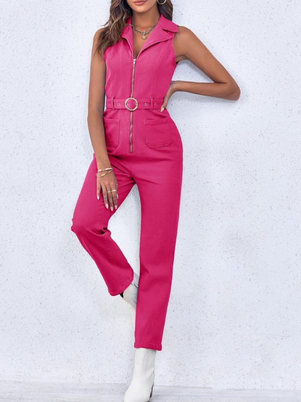 PLNOTME Women's Sleeveless Denim Jumpsuits Zip Up Belted Straight Leg Jeans - Image 5