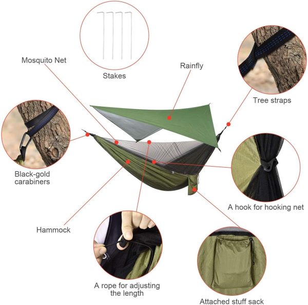 Camping Hammock with Rain Fly Tarp and Mosquito Net Portable Single Double - Image 5