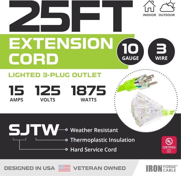 Iron Forge Cable 3 Outlet 10 Gauge Extension Cord 25 ft, 10/3 Heavy Duty - Image 2