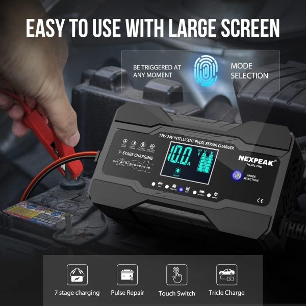NEXPEAK 10-Amp Car Battery Charger, 12V and 24V Smart Fully Automatic - Image 3