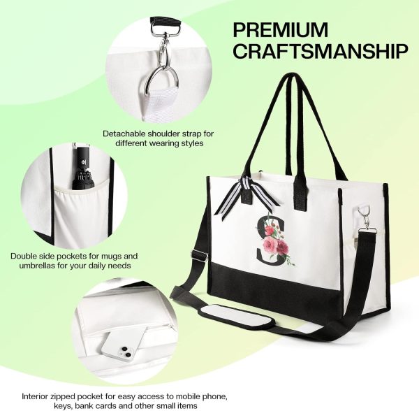 Can-vas Tote Bag for Women w Makeup Bag, Floral Ini-tial Personalized - Image 4