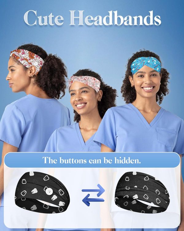 Plifal 4pcs Nurse Headbands for Women with Buttons Non Slip - Cute Dental - Image 4