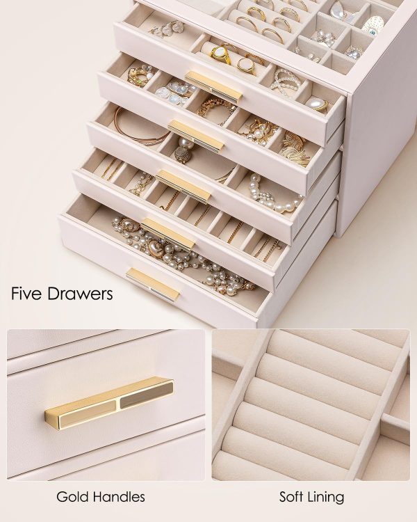 Vlando Jewelry Box for Women Girls,Jewelry Organzier,5 Drawers,Glass Lid - Image 4