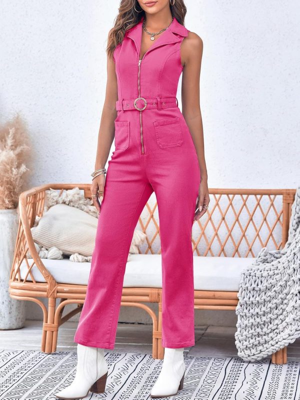 PLNOTME Women's Sleeveless Denim Jumpsuits Zip Up Belted Straight Leg Jeans - Image 2