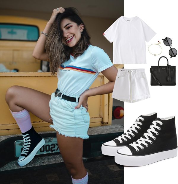 FRACORA Womens High Top Canvas Shoes White Black Platform Sneakers Lace Up - Image 5