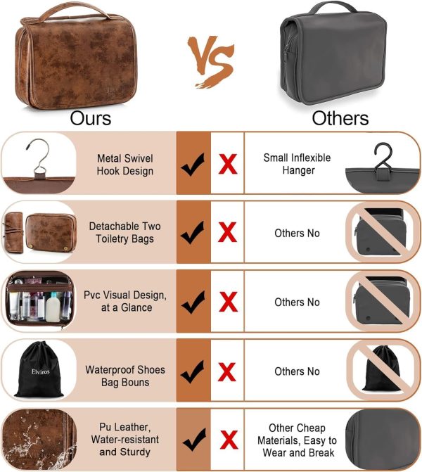 Elviros Hanging Toiletry Bag Removable Travel Bag PU leather Makeup - Image 5