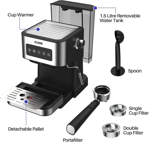 ICUIRE 20 Bar Espresso Machine, 1.5L Water Tank Coffee Maker Machine, Latte - Image 6