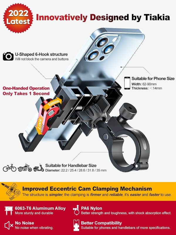 Tiakia Bike Phone Mount Holder, Aluminum Motorcycle Phone Mount, Handlebar - Image 2