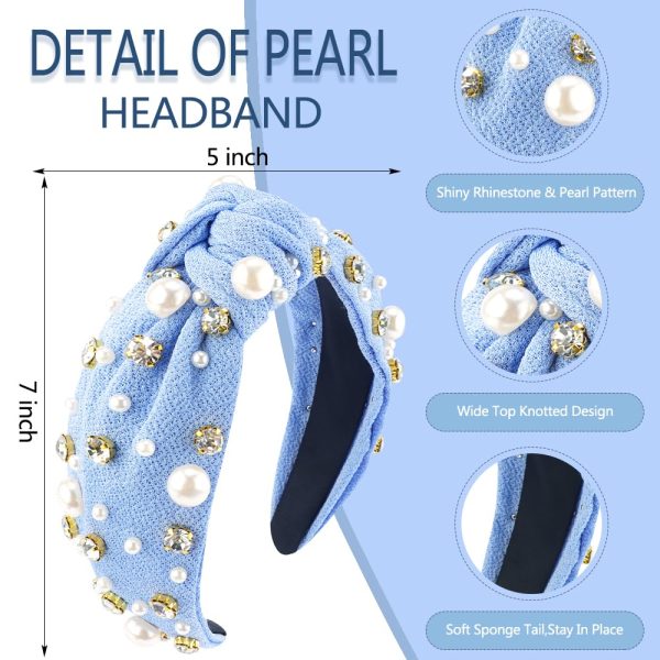 AHONEY Pearl Headband Knotted Light Blue Headband for Women Girls, - Image 4