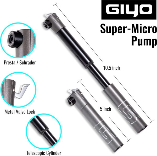 GIYO Small Bike tire Pump Schrader & Presta Valve for MTB 80 PSI Telescopic - Image 3