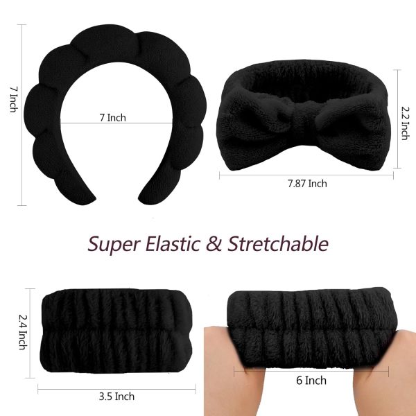 VELSCRUN 6 Pack Spa Headbands Set - Black Sponge Hair Bands with Bow Tie - Image 7
