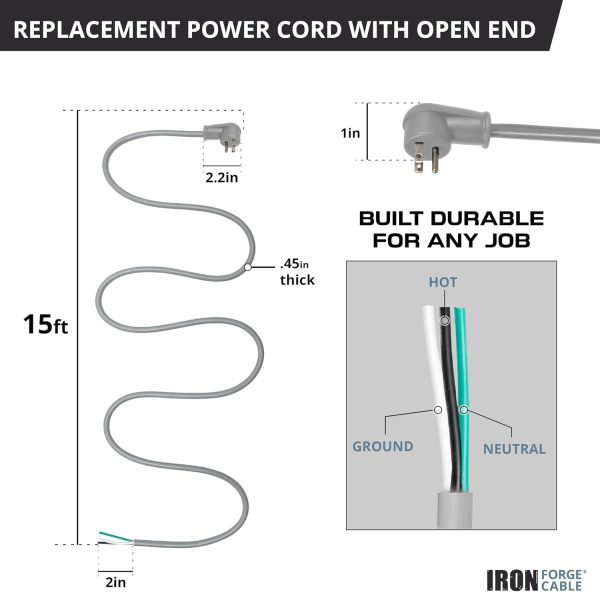 Iron Forge Cable Flat Plug Replacement Power Cable with Open End - 12/3 15 - Image 6
