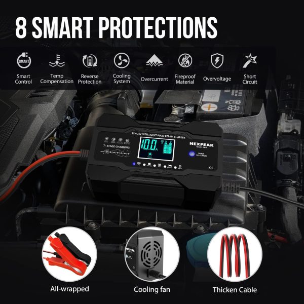 NEXPEAK 10-Amp Car Battery Charger, 12V and 24V Smart Fully Automatic - Image 4