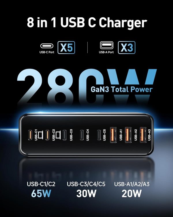 280W USB C Charger Block, 8-Port USB C Charging Station GaN III PD 65W - Image 2