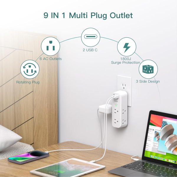 Surge Protector Wall Outlet Extender, Multi Plug Outlet with Rotating Plug, - Image 2