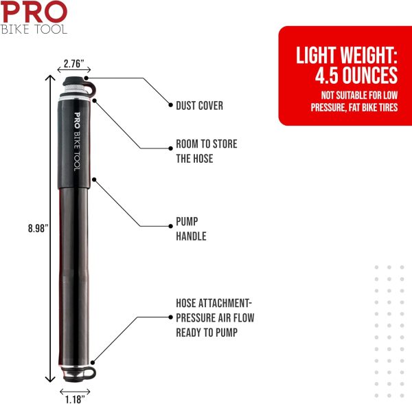 Pro Bike Tool Mini Bike Pump with Gauge, Presta and Schrader Valve - Image 3